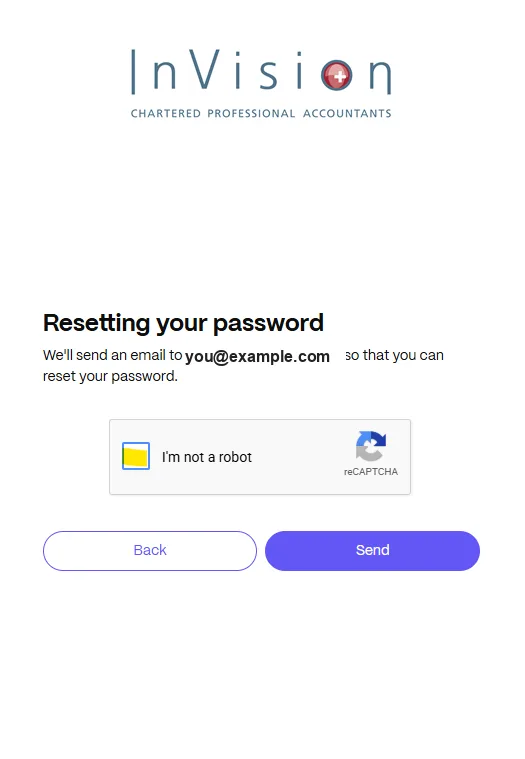 Resetting your password screen with the I'm not a robot check and Send button
