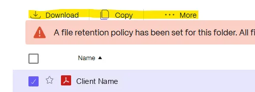 A selected document with the Download, Copy and More options highlighted