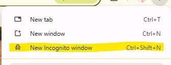 Chrome menu with New Incognito window highlighted