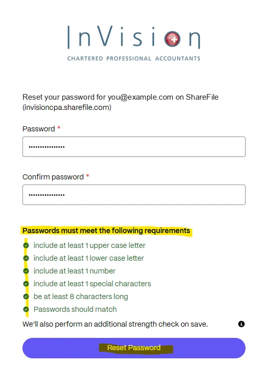 New password screen listing the password requirements